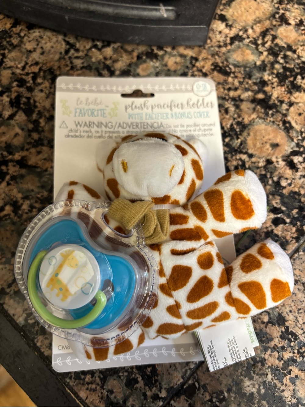Plush Giraffe Pacifier Holder with Teether - White & Brown